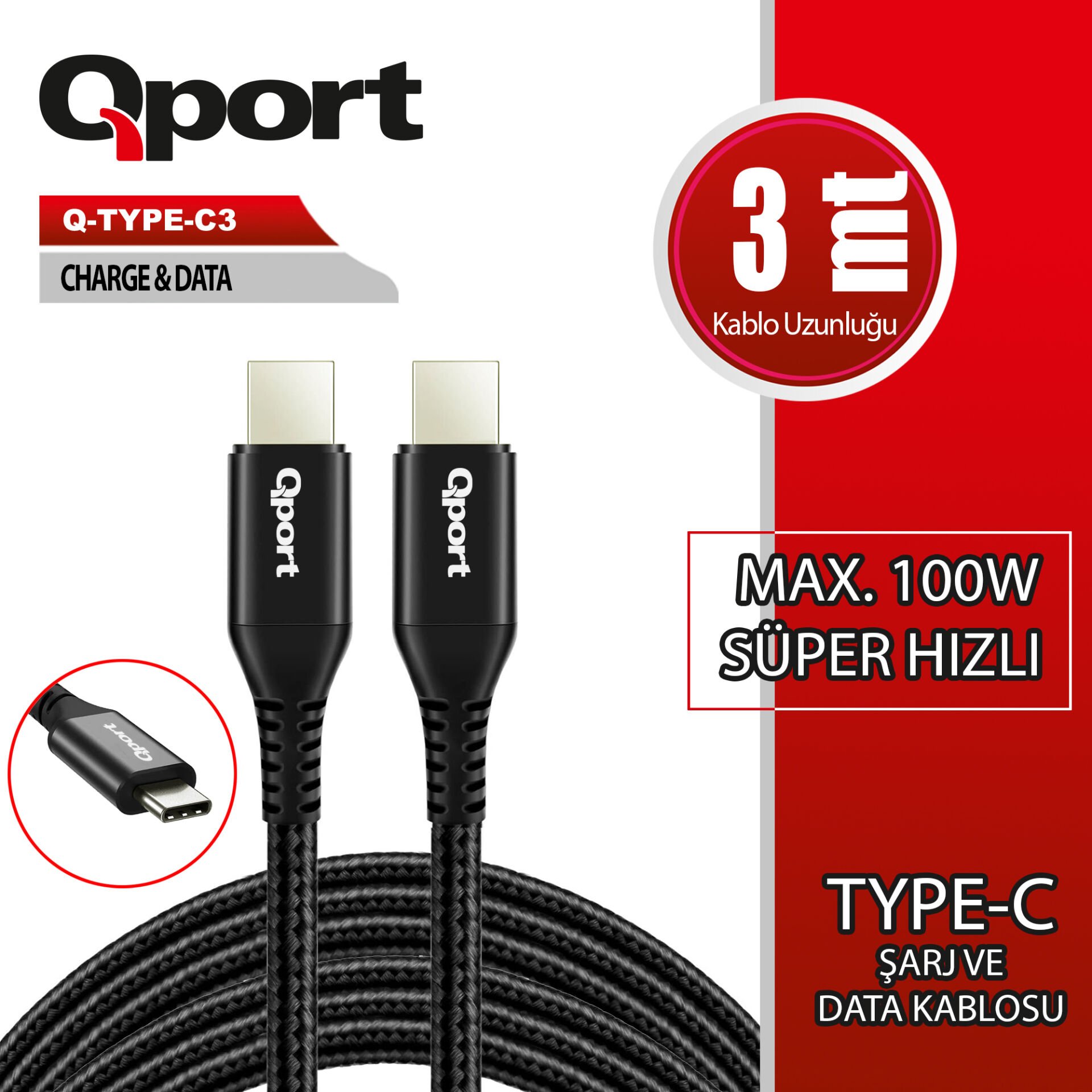 Qport Q-TYPE-C3 3 Metre USB-C to USB-C 100W 5A PD (Power Delivery) Süper Hızlı Şarj ve Veri Aktarım Kablosu