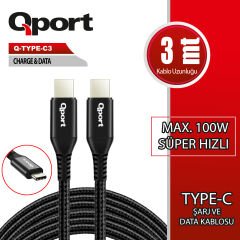 Qport Q-TYPE-C3 3 Metre USB-C to USB-C 100W 5A PD (Power Delivery) Süper Hızlı Şarj ve Veri Aktarım Kablosu