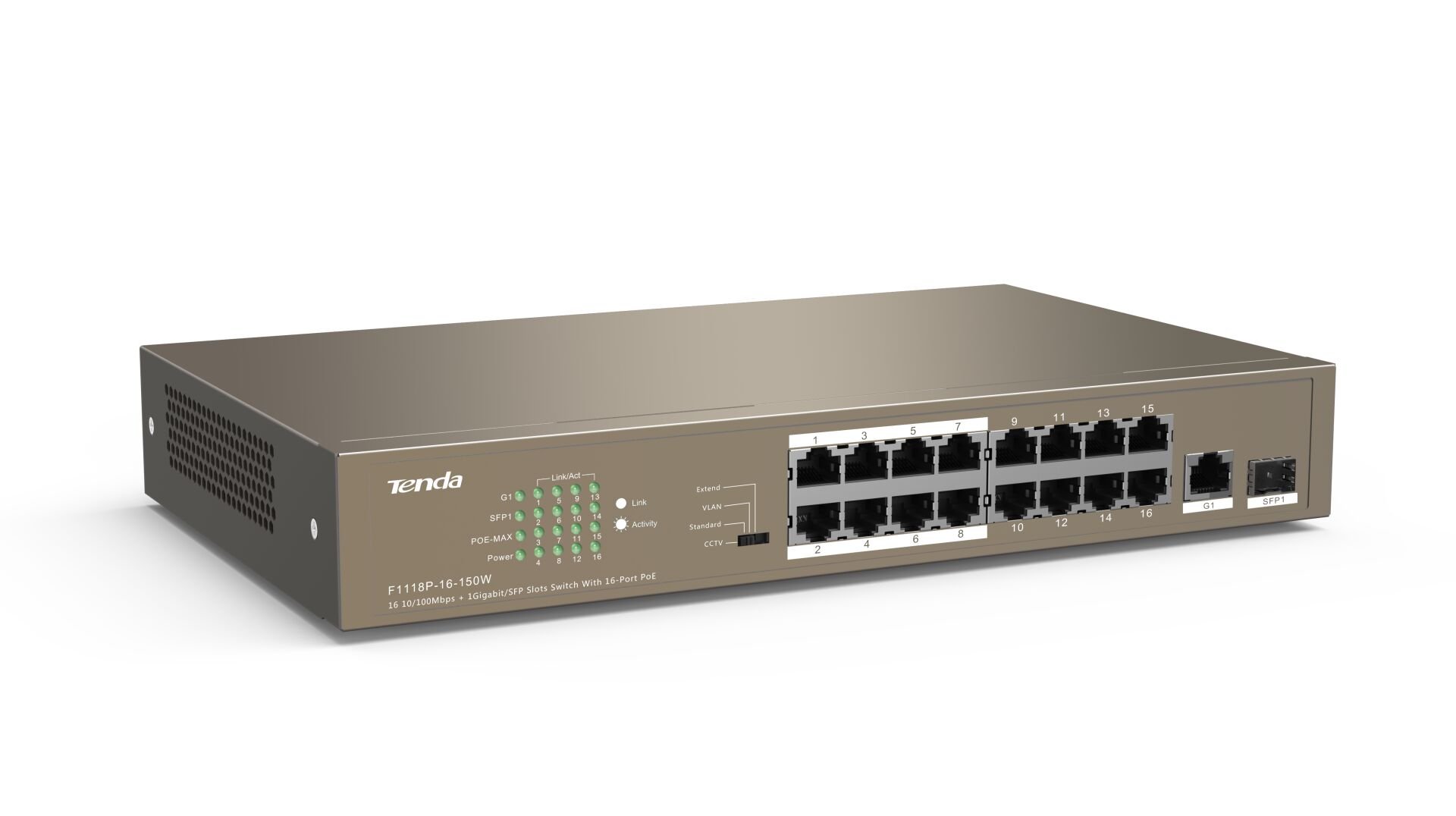 Tenda TEF1118P-16-150W 16 Port 10/100 Mbps PoE Switch Yönetilemez 150W PoE Güçlü Network Switch 2x Gigabit Uplink