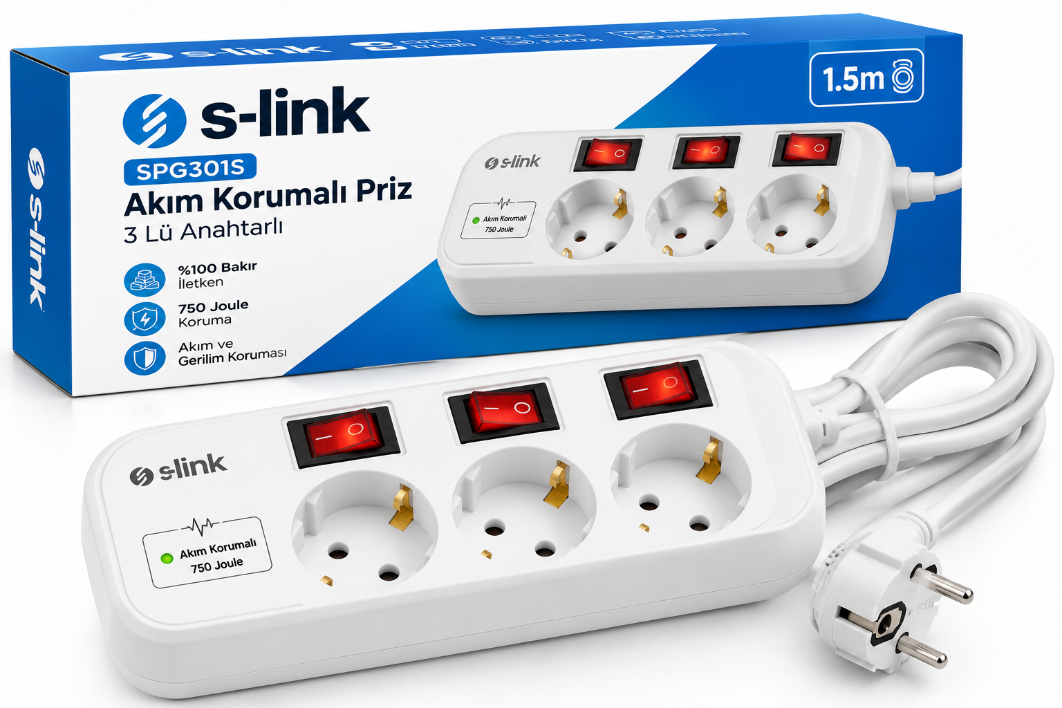 S-link SPG301S 1.5m 3x1.5mm 100 yüzde  Bakır 750 Joule 3 lü Anahtarlı Akım Korumalı Priz