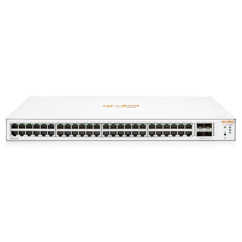 HPE Aruba Instant On 1830‑48G JL814A 48×10/100/1000 Mbps RJ45 + 4×1 Gbps SFP Uplink Smart‑Managed Rack‑Mount Switch • 104 Gbps Switching • 77.37 Mpps • Web/Cloud Yönetim • Fanless Metal Kasa • Energy‑Efficient Ethernet • Lifetime Garanti