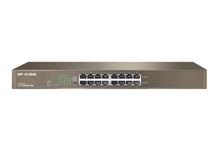 IP‑COM G1016G 16 Port Gigabit Metal Kasa Rack‑Mount Unmanaged Switch • 16×10/100/1000 Mbps RJ45 • 32 Gbps Back‑plane • 8 K MAC • 6 kV Port/PWR Lightning Koruma • Fanless 1U Çelik Kasa