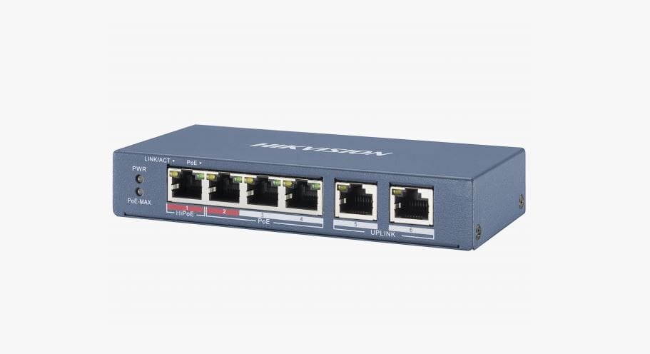 HIKVISION DS‑3E0106P‑E/M 4×10/100 Mbps IEEE 802.3af/at PoE Portlu + 2×10/100 Mbps RJ45 Uplink Fan-free Metal Shell 35 W PoE Budget Unmanaged Switch