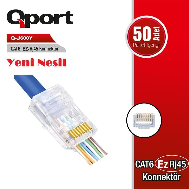 Qport Q-J600Y Cat6 EZ-RJ45 Yeni Nesil Geçişli Konnektör - 50 Adet