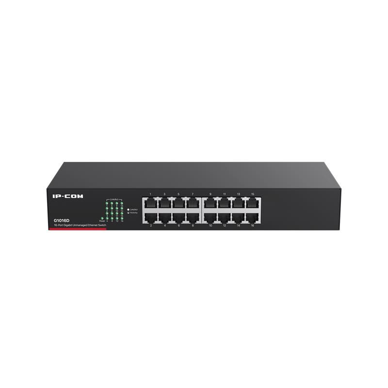 IP‑COM G1016D 16 Port Gigabit Metal Kasa Rack‑Mount Unmanaged Switch • 16×10/100/1000 Mbps RJ45 • 32 Gbps Back‑plane • 8 K MAC • 6 kV Lightning Protection • 1U Çelik Kasa