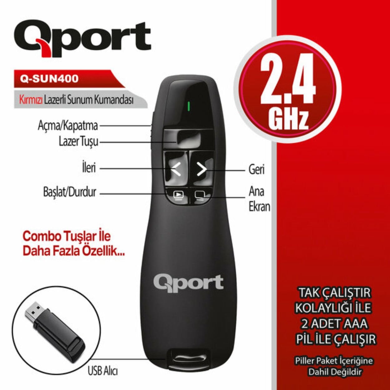 QPORT Q-SUN400 2.4GHZ USB KIRMIZI LAZERLİ SUNUM KUMANDASI - PRESENTER