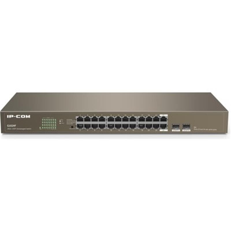 IP‑COM IP‑G1024F 24 Port Gigabit Layer‑2 Unmanaged Rack‑Mount Switch • 24×10/100/1000 Mbps RJ45 + 2×Combo 1 Gbps SFP Uplink • 4 Modlu Switchover Düğmeli • 48 Gbps Switching Kapasitesi • 1U Çelik Kasa