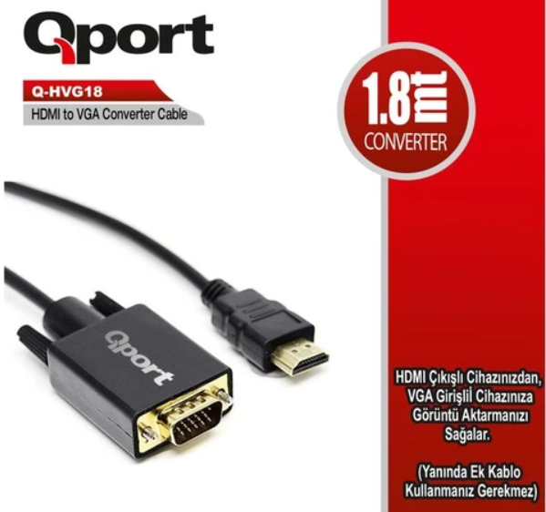 QPort Q-HVG18 HDMI to VGA 1.8 Metre Aktif Çevirici Kablo HDMI Erkek VGA Dişi Full HD Görüntü Dönüştürücü Kablo