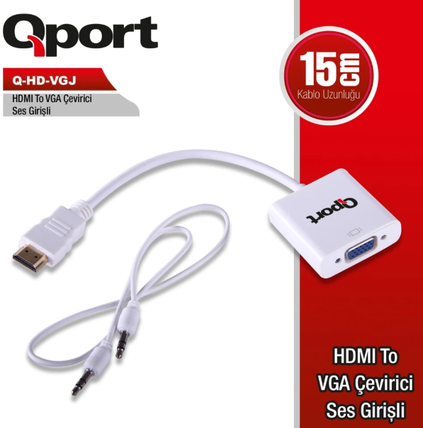 QPort Q-HD-VGJ HDMI to VGA Aktif Çevirici Adaptör HDMI Erkek VGA Dişi Görüntü Dönüştürücü Full HD Destekli