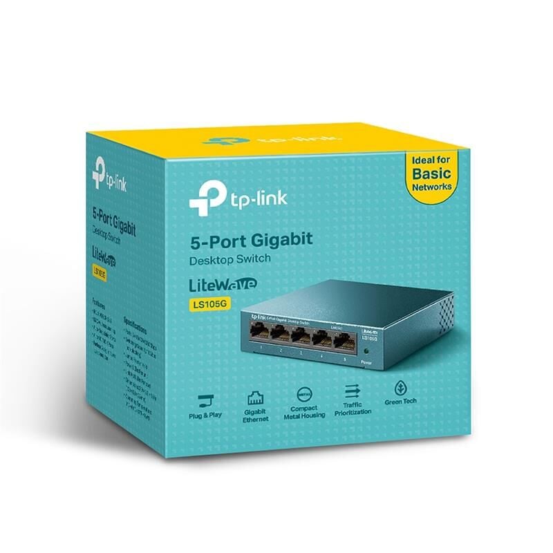 TP‑LINK LS105G 5×10/100/1000 Mbps RJ45 Fanless Metal Kasa Masaüstü/Rackmontaj Yönetimsiz Gigabit Switch – Auto‑MDI/MDIX, IEEE 802.3X, 802.1p QoS, Green Ethernet