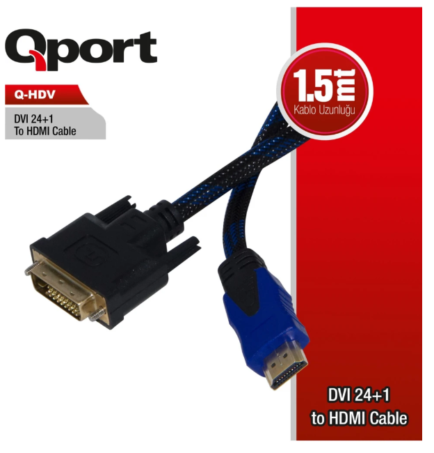 QPort Q-HDV DVI 24+1 to HDMI Dönüştürücü Converter Adaptör DVI-D Erkek HDMI Dişi Görüntü Çevirici