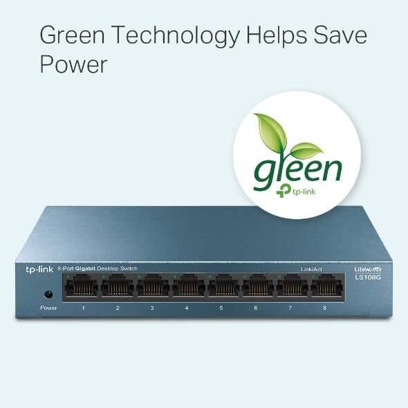 TP‑LINK LS108G 8×10/100/1000 Mbps RJ45 Fanless Metal Kasa Masaüstü/Rack‑montaj Yönetimsiz Gigabit Switch – Green Ethernet, 802.1p QoS, Auto‑MDI/MDIX