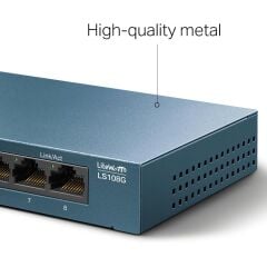 TP‑LINK LS108G 8×10/100/1000 Mbps RJ45 Fanless Metal Kasa Masaüstü/Rack‑montaj Yönetimsiz Gigabit Switch – Green Ethernet, 802.1p QoS, Auto‑MDI/MDIX