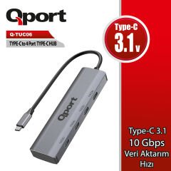 QPORT Q-TUC06 USB Type-C to 4 Port USB Type-C Çoklayıcı Hub 4x USB-C Çıkışlı Veri ve Şarj Destekli Adaptör