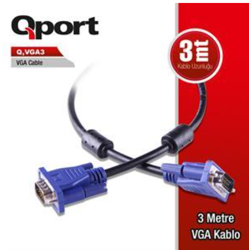 QPort Q-VGA3 15 Pin VGA Erkek-Erkek 3 Metre Monitör Görüntü Kablo RGB Analog VGA Kablo
