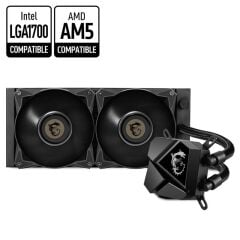 MSI MAG CORELIQUID P240 240 mm Dual 120 mm Ball‑Bearing Fan PWM 500–2000 RPM 78.73 CFM Ses Seviyesi 14.3–34.3 dBA Intel LGA 1150/1151/1155/1156/1200/1700/1366/2011/2066 & AMD AM4/FM2+/FM2/FM1/AM3+/AM3/AM2+/AM2 Uyumlu Siyah CPU Sıvı Soğutucu