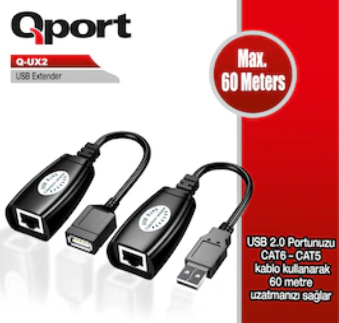 QPort Q-UX2 60 Metre USB Extender 2’li Paket USB Uzatma Seti USB 2.0 Veri Aktarım Uzatıcı (Transmitter + Receiver)