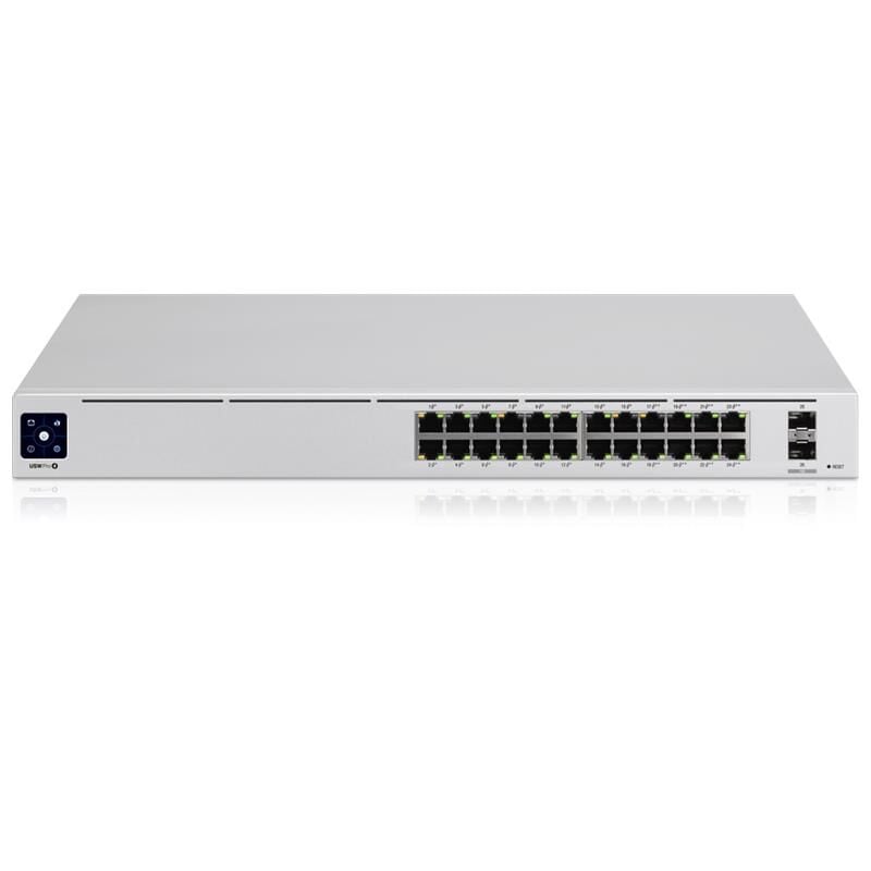 Ubiquiti UniFi USW‑PRO‑24‑POE 24×10/100/1000 Mb/s (16×PoE+ + 8×PoE++) RJ45, 2×1/10 Gb SFP+ Uplink Layer 3 Rackmount Switch (400 W PoE, 450 W PSU, 1.3″ Dokunmatik Ekran)