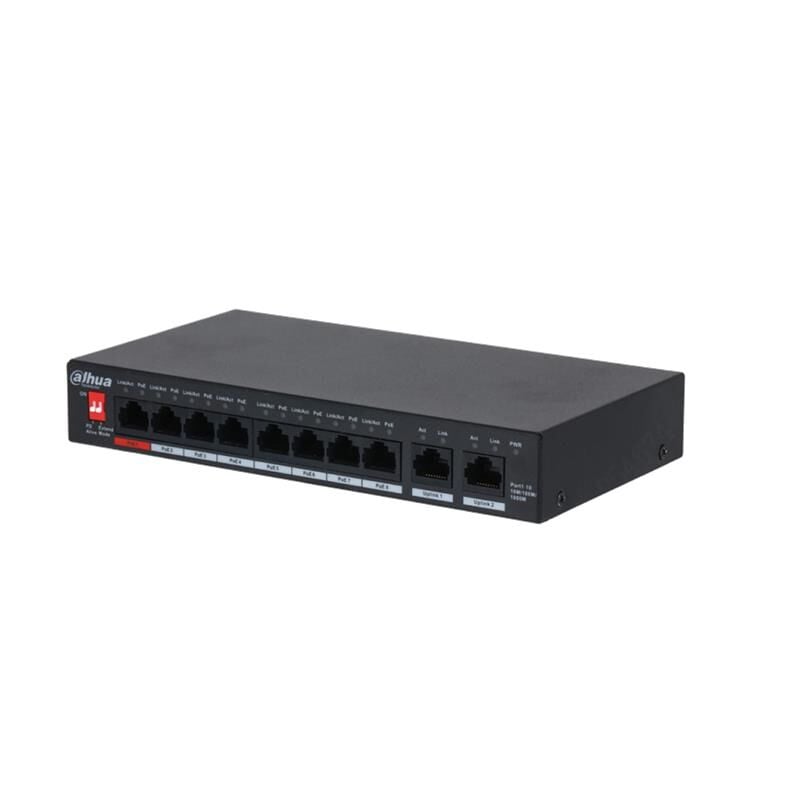Dahua PFS3010‑8ET‑96 V2 8 × 10/100 Mbps PoE + 2 × Gigabit RJ45/SFP Uplink Layer‑2 Unmanaged Desktop/Industrial PoE Switch 96 W (250 m LD‑PoE)