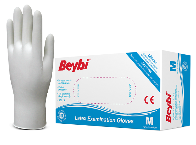 Beybi Lateks Pudralı Medium (M) Beden Tek Kullanımlık Muayene Eldiveni 100'lü Paket
