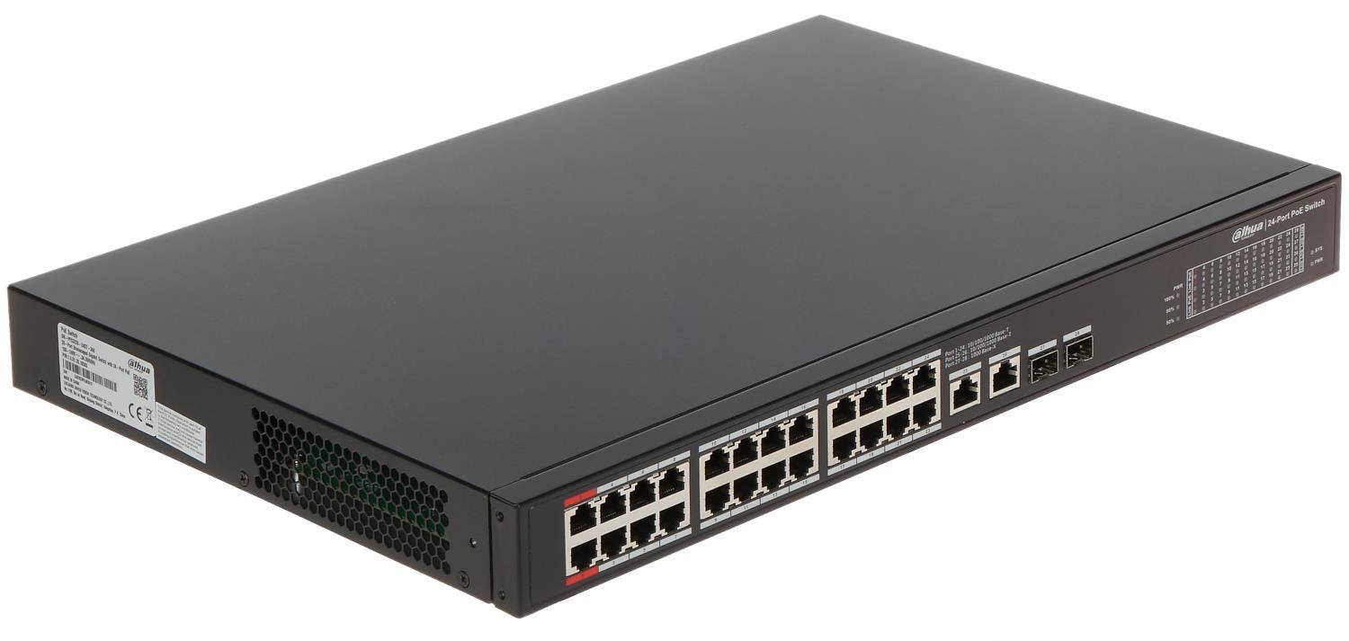 Dahua PFS3228‑24GT‑360 24× 10/100/1000 Mb PoE+ RJ45 + 2× combo 1 Gb RJ45/SFP Uplink • 360 W PoE • Metal Kasa Rackmount Switch