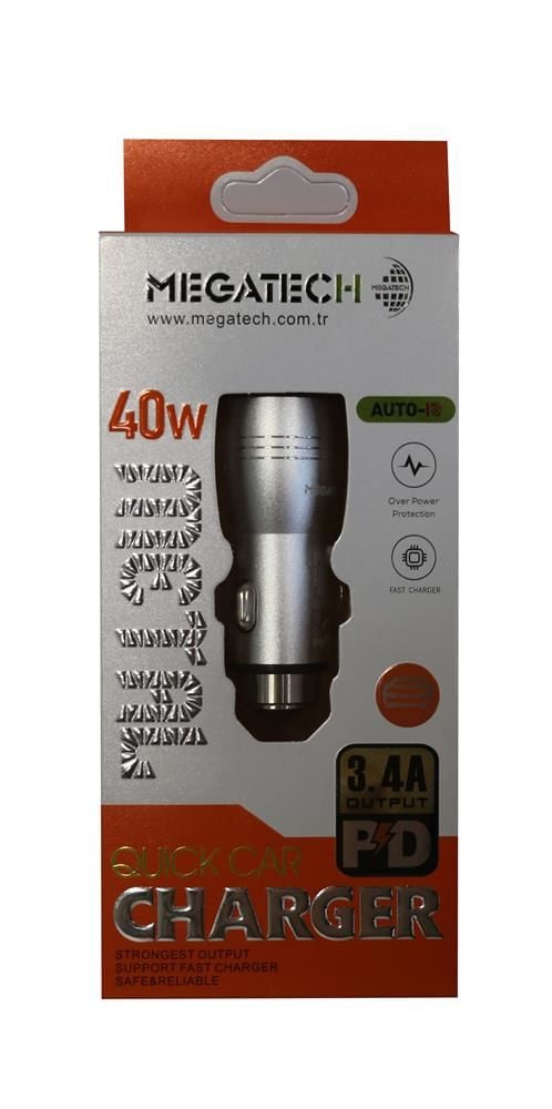Megatech T05-M24 Re Gri 40W 3.4A Çelik Gövdeli Hızlı Araç Şarj Aleti