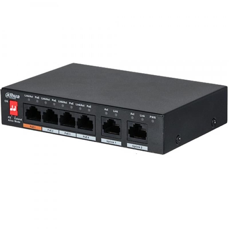 Dahua PFS3006-4ET-60 4×10/100 Mbps PoE RJ45 + 2×10/100 Mbps Uplink • 60W PoE • Metal Kasa Masaüstü/Rackmont Switch