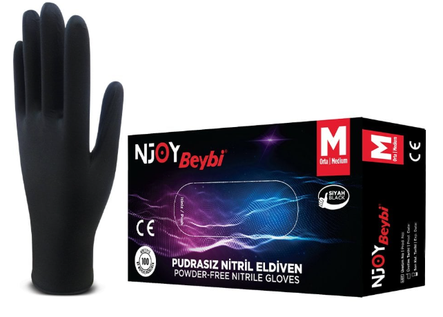 Beybi Muayene Medium Pudrasız Njoy Nitril Siyah Tek Kullanımlık Koruyucu Eldiven