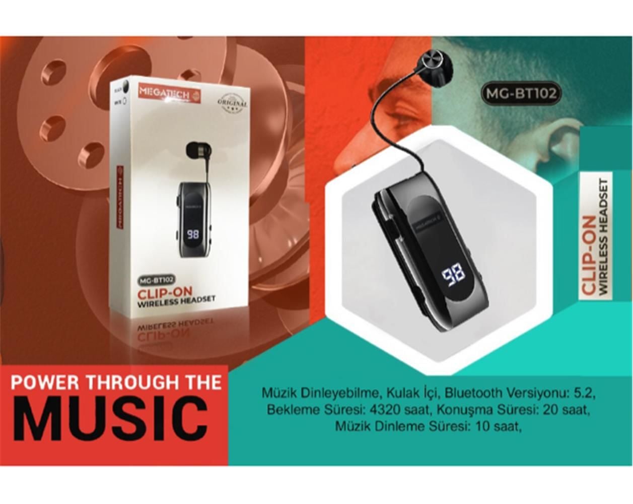 Megatech MG-BT102 Clip-On Makaralı Dijital Göstergeli Bluetooth Kablosuz Kulaklık