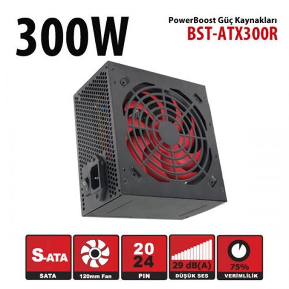 PowerBoost BST‑ATX300R 300 W PPFC 12 cm Kırmızı Fanlı ATX PSU Retail Box