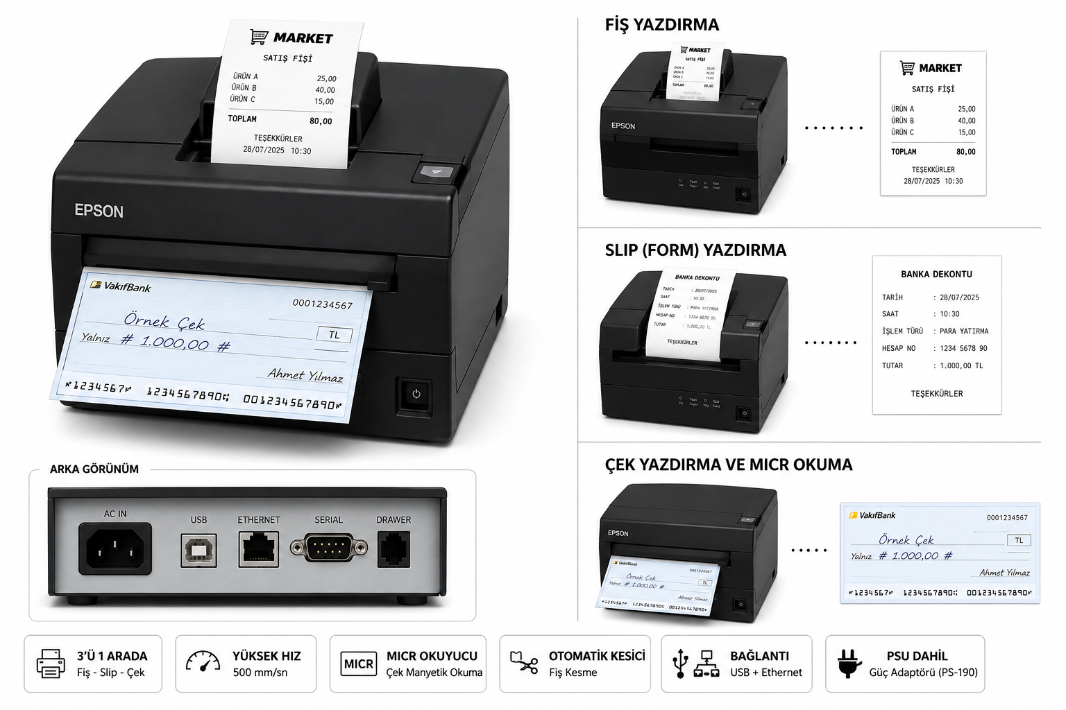 Epson TM-H6000VI-112,Srl,MICR,Blk, PSU fiş, slip (form) ve çek