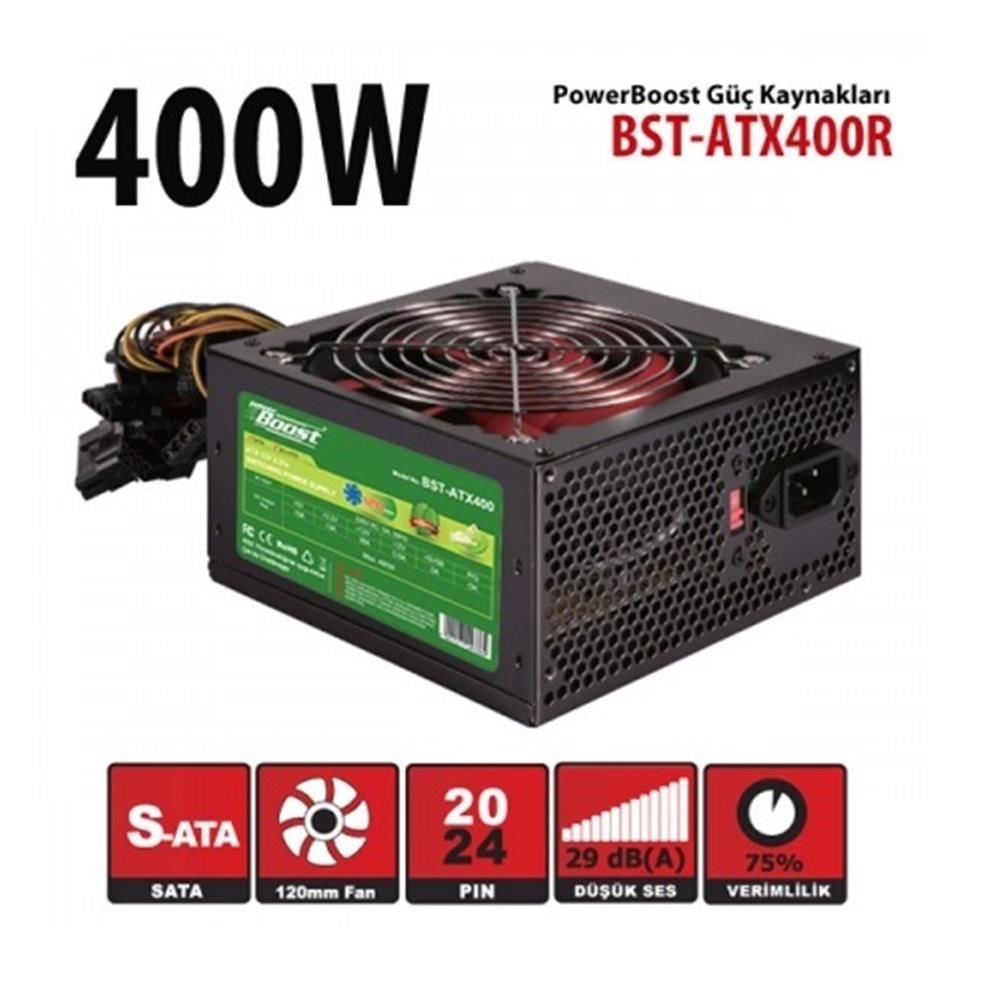 PowerBoost BST-ATX400R 400W PPFC 12cm Siyah Fanlı ATX PSU Power Kablo (Retail Box) Güç Kaynağı