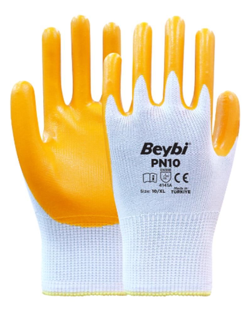 Beybi PN10 Nitril Yarım Kaplı Polyester Örme İş Eldiveni 10 Beden (XL) 12 Çift EN388 (4141A)