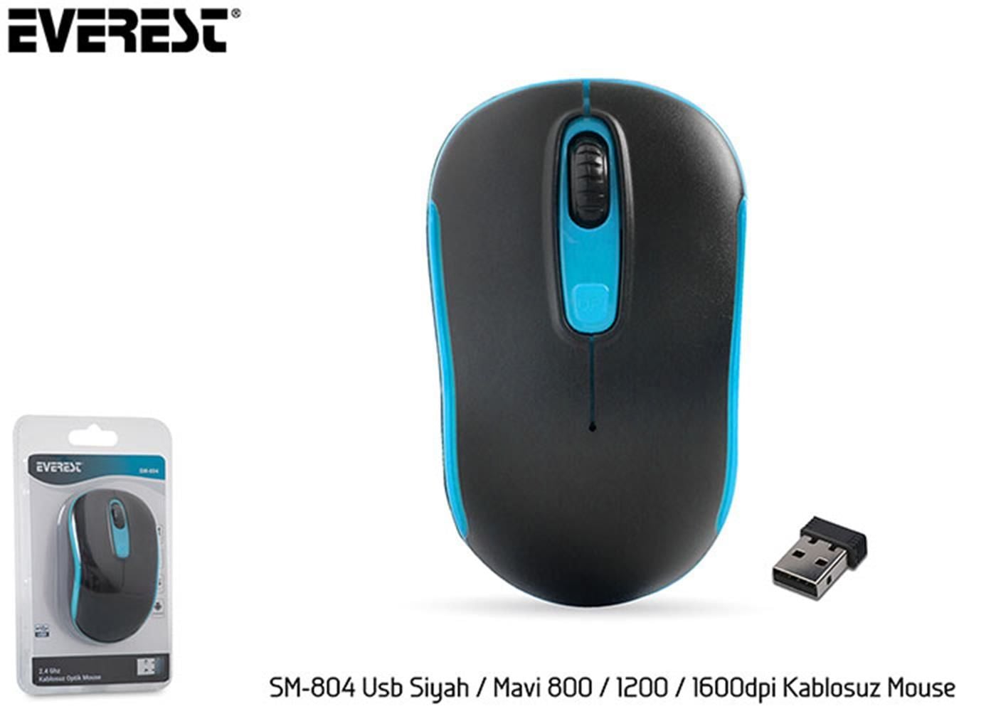 Everest SM-804 2.4GHz USB Nano Alıcılı 800-1200-1600 DPI Ayarlanabilir Siyah-Mavi Kablosuz Optik Mouse