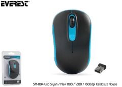 Everest SM-804 2.4GHz USB Nano Alıcılı 800-1200-1600 DPI Ayarlanabilir Siyah-Mavi Kablosuz Optik Mouse