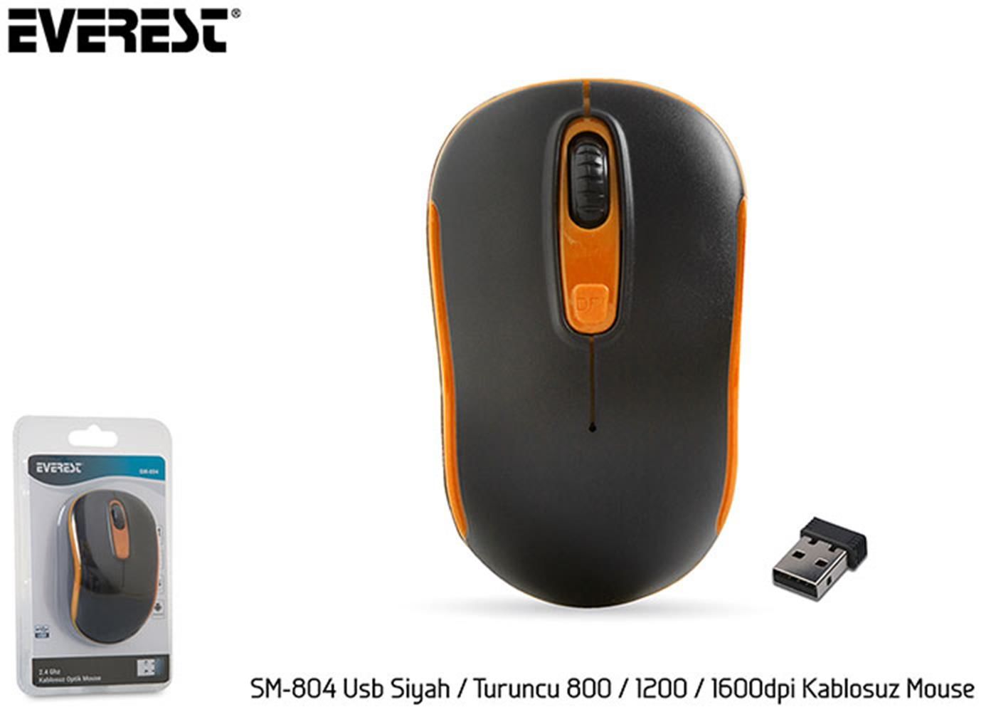 Everest SM-804 2.4GHz USB Nano Alıcılı 800-1200-1600 DPI Ayarlanabilir Siyah-Turuncu Kablosuz Optik Mouse
