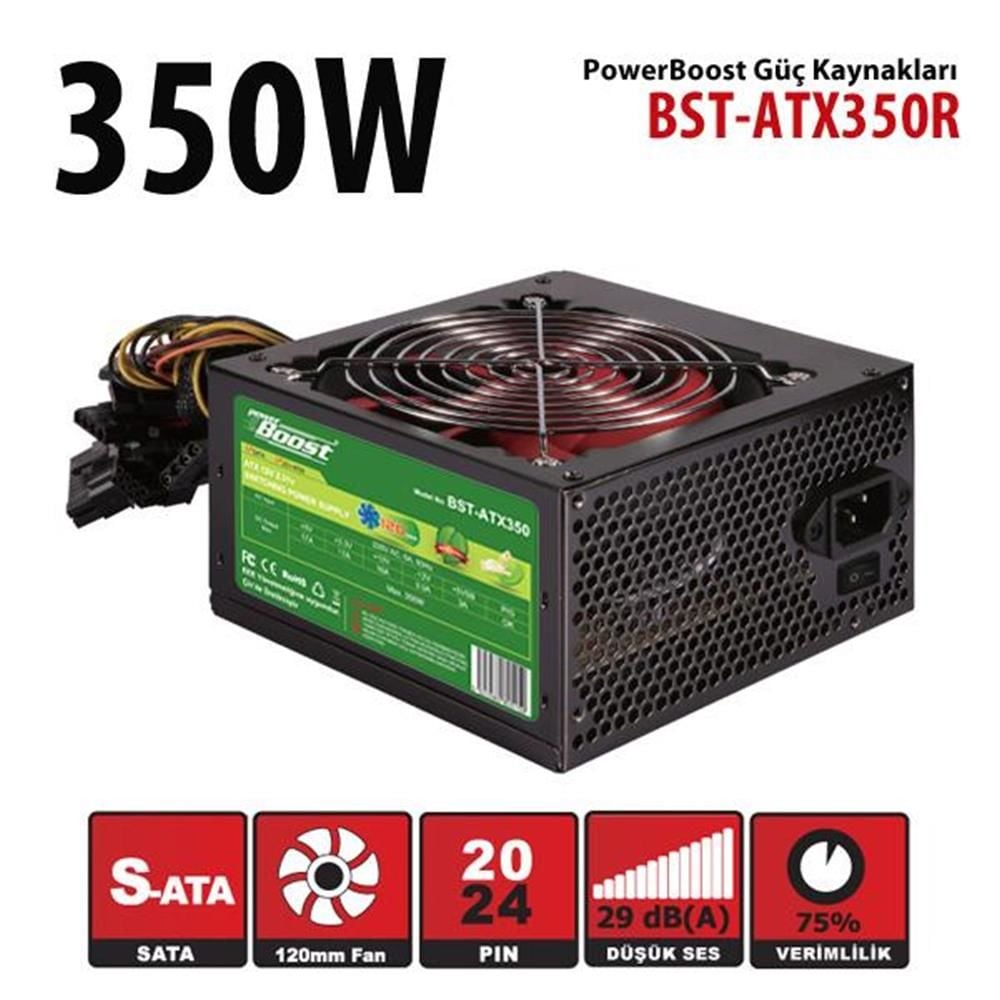 PowerBoost BST-ATX350R 350W PPFC 12cm Kırmızı Fanlı ATX Güç Kaynağı (Retail Box)