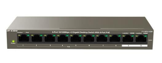 IP‑COM F1110P‑8‑102W 8×10/100 BASE‑T PoE + 2×10/100/1000 BASE‑T Gigabit Uplink Masaüstü PoE Switch 99 W PoE Bütçe IEEE 802.3af/at, 250 m Uzaklık, 6 kV Yıldırım Koruma