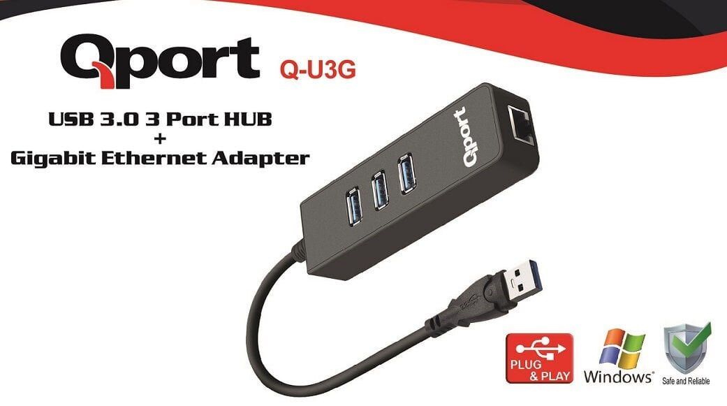 Qport Q-U3G USB 3.0 3 Port Hub + Gigabit Ethernet 10/100/1000 Mbps USB Çoklayıcı Adaptör