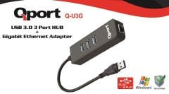Qport Q-U3G USB 3.0 3 Port Hub + Gigabit Ethernet 10/100/1000 Mbps USB Çoklayıcı Adaptör
