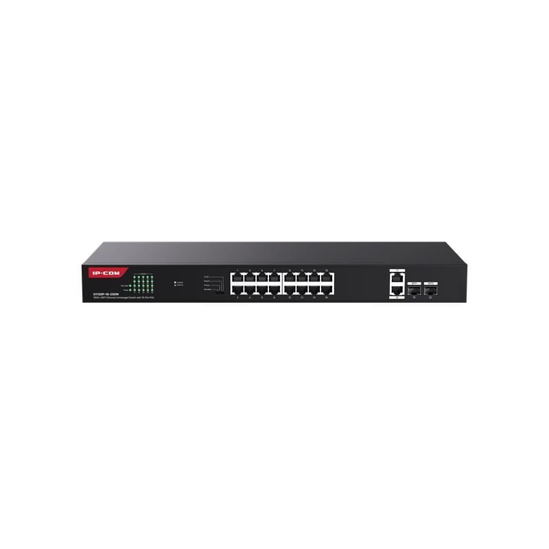 IP‑COM G1120P‑16‑250W 16× Gigabit PoE+ (802.3af/at) + 2× Gigabit RJ45 + 2× Gigabit SFP Uplink, 230 W Toplam PoE Gücü, 1U Rackmount Unmanaged Switch