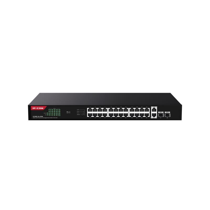 IP‑COM G1128P‑24‑410W 24× Gigabit PoE (802.3af/at) + 2× Gigabit RJ45 + 2× Gigabit SFP Uplink, 370 W Toplam PoE Gücü, 1U Rackmount Unmanaged Switch