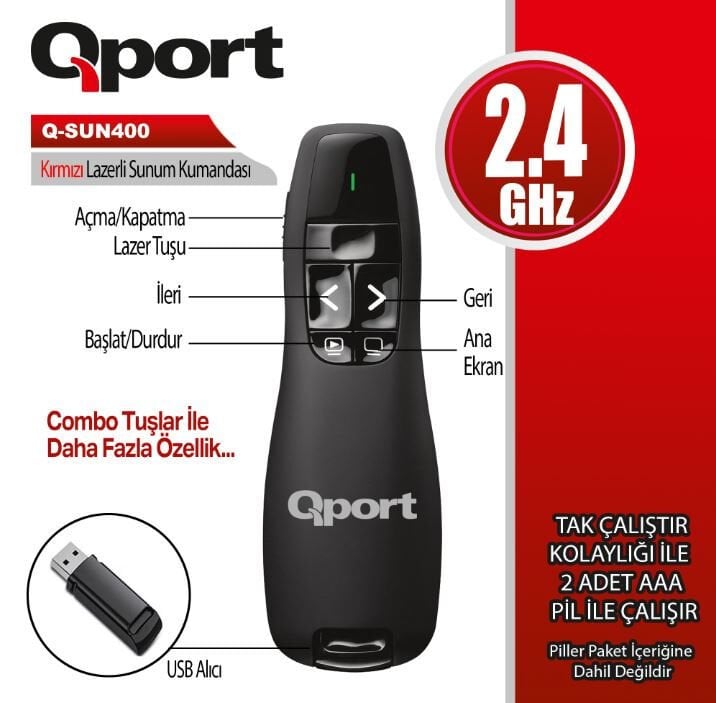 Qport Q-SUN400 2.4GHz USB Kırmızı Lazerli Sunum Kumandası Presenter