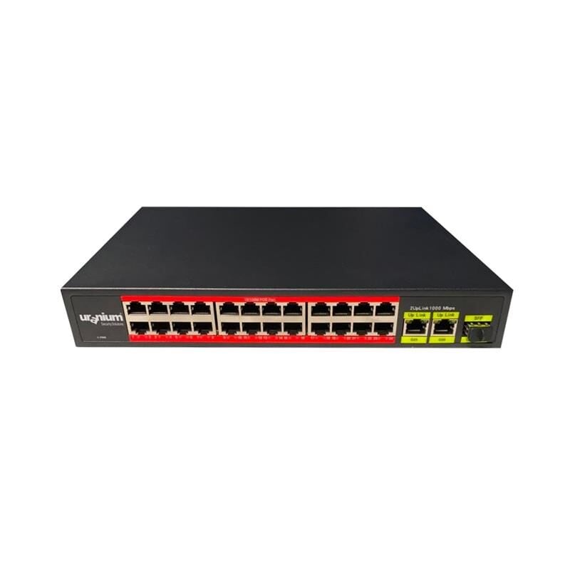 URANIUM POE‑2421SFP‑300W 24× 10/100 Mbps PoE + 2× Gigabit RJ45 + 1× Gigabit SFP Uplink, 300 W Toplam PoE, Realtek Chipset’li Rackmount Switch