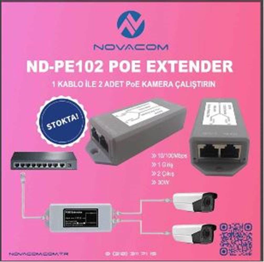 Nova ND‑PE102GW PoE Extender 10‑100‑1000 Mbps 1 Input + 2 Output 30 W IP67 Su/Toz Geçirmez Dış Ortam Ağ Genişletici