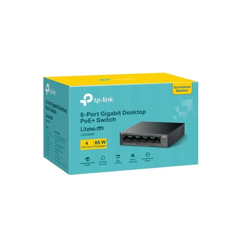 TP-LINK LS105GP 4 Port Gigabit + 1 Port RJ45 Uplink PoE 65W 250 Metre PoE Mesafesi Metal Kasa Switch