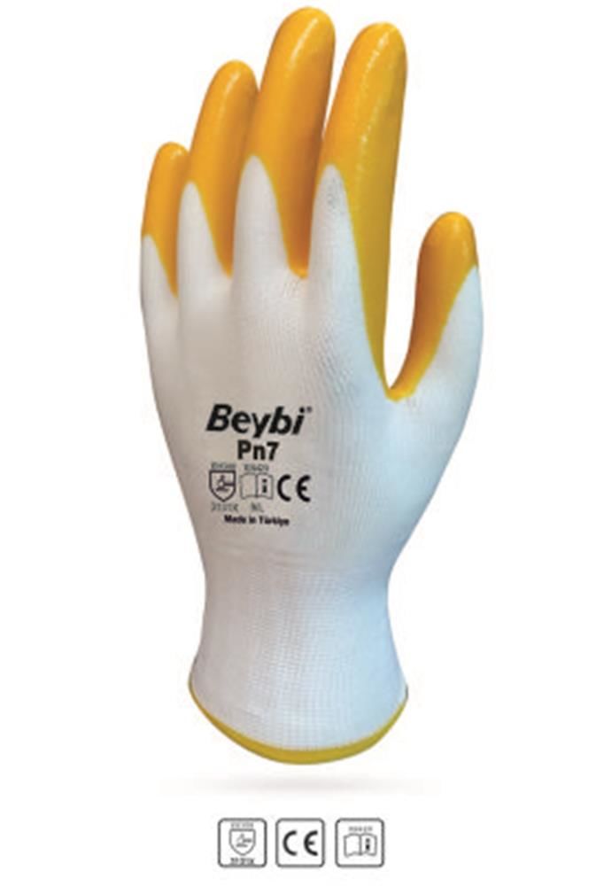 Beybi PN7 Nitril Kaplı Polyester Örme İş Eldiveni Sarı/Beyaz 10 Beden (XL) 12 Çift