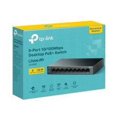TP-LINK LS109P 8 Port 10/100Mbps + 1 Port RJ45 Uplink 63W 250 Metre PoE Mesafesi Metal Kasa Switch