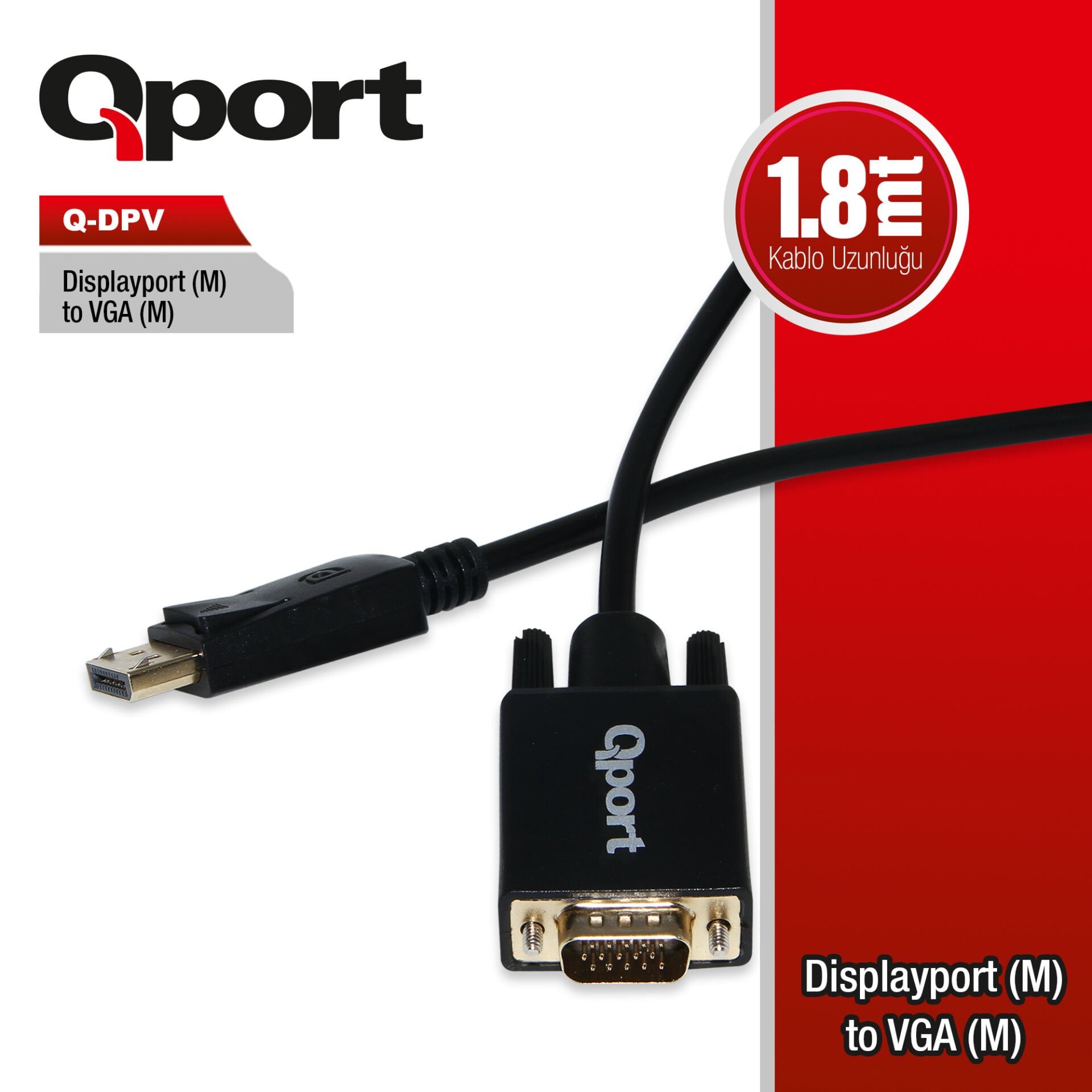 Qport Q-DPV DisplayPort to VGA Dönüştürücü Adaptör Kablo 1.8 Metre - Siyah