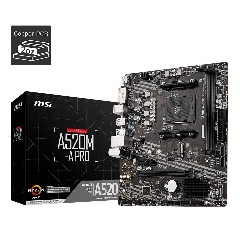 MSI A520M-A PRO AM4 DDR4 4600(OC) DVI HDMI M.2 USB3.2 mATX